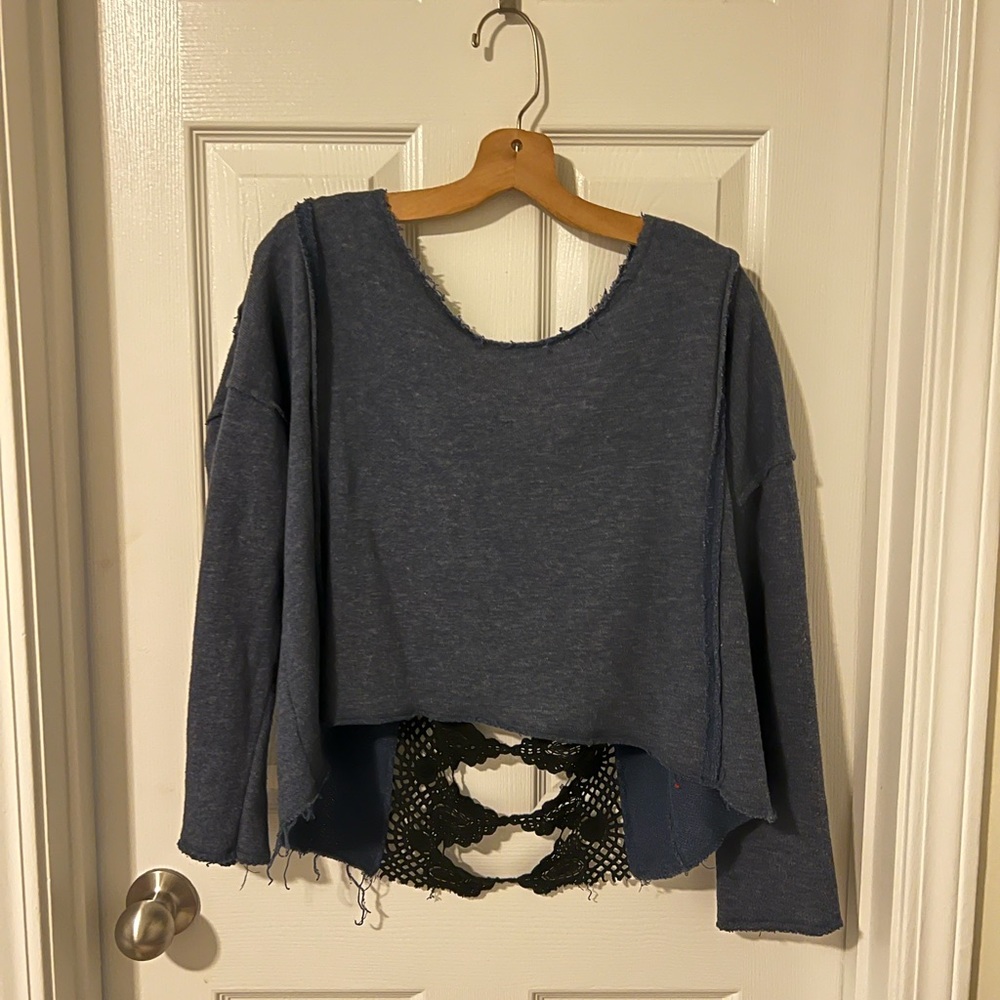 Navy Free People Sweater with cutout crochet back
